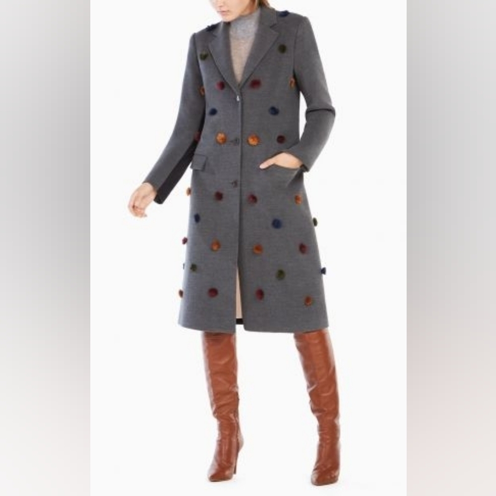 BCBGmaxazria Trench Coat Colorful Pom Pom Gray And Black Size XXS Stretch Pocket
